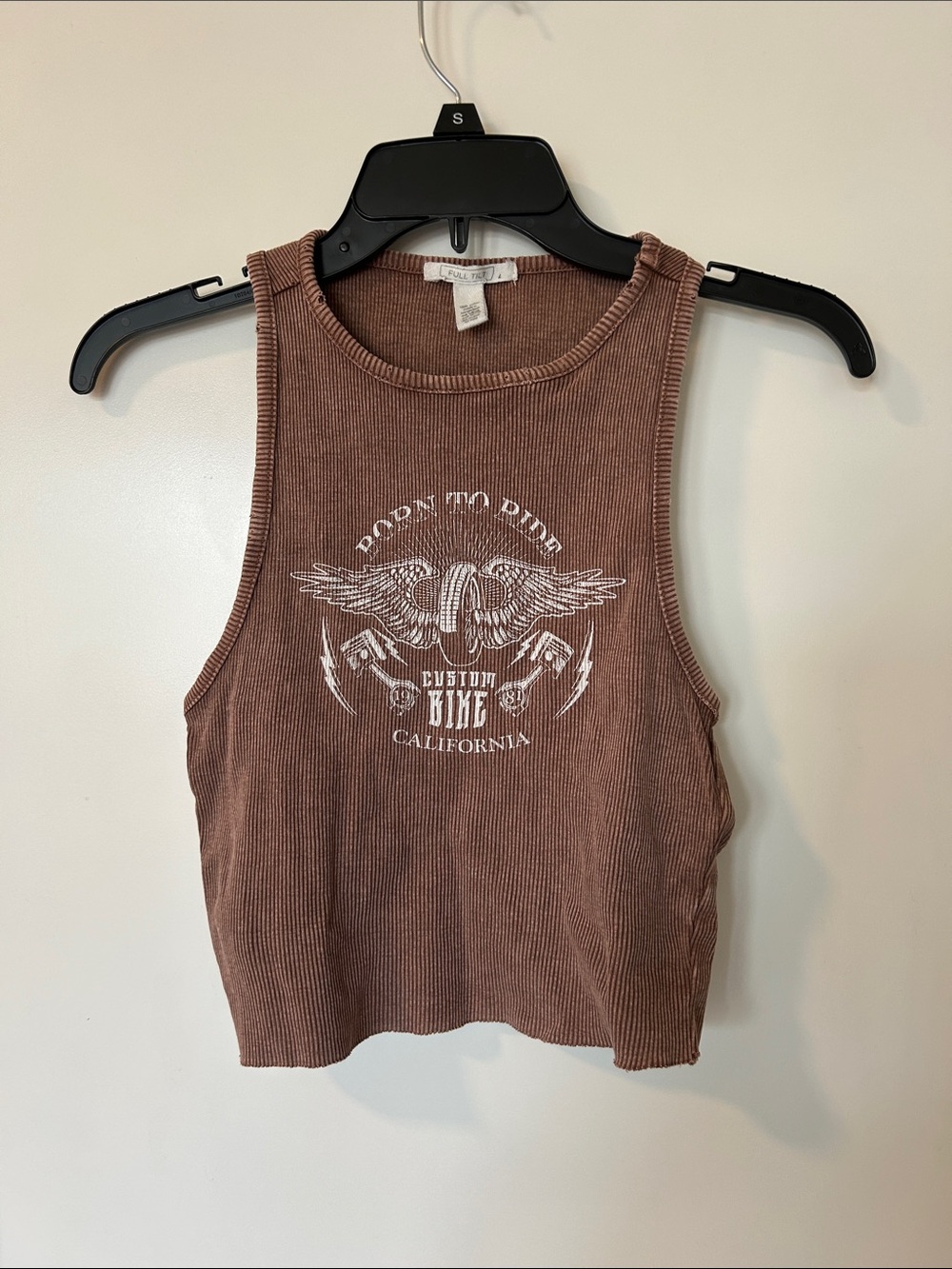 Full Tilt Brown Ribbed Graphic Crop Tank Top
